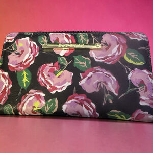 Betsey Johnson Floral Rose Zip Around Wallet Black Pink Leather Interior